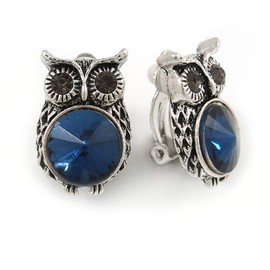 Vintage Inspired Blue/Grey Crystal Owl Clip On Earrings In Aged Silver Tone Metal - 22mm Tall