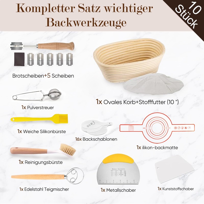 Kixiyou 10-Piece Proofing Basket Bread Set, 25 cm Oval Natural