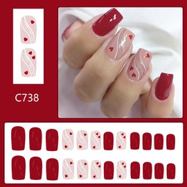 Valentine's Day Press on Nails Short Square - Valentine's Day Fake Nails Red False Nails with Heart Line Glitter Design Acrylic Nails Glossy Glue on Nails Full Cover Stick on Nails for Women 24 Pcs