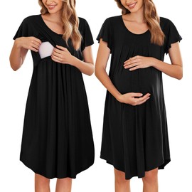 Ekouaer Nursing Nightown Labor and Delivery Gown for Hospital Pleated Breastfeeding Dress for Women Short Sleeve Maternity Sleepwear Black M