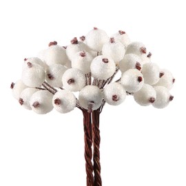 100 Wired Stems of Artificial Holly Berries Artificial Flower Decor 200 Pack 12 mm Mini Christmas Frosted Fruit Berry (White)