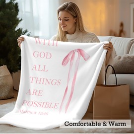 Foyoulame Pink Bow Blanket, Christian Blanket, Preppy CoquetteBlanket Gifts for Women, Bible Verse Blankets Decor for Girls Room Dorm, with God All Things are Possible Blankets Bed Throw 50x60 Inch