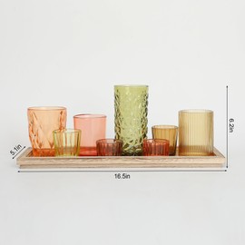 Votive Candle Holders Set with Wooden Tray - 8 Piece Rustic Colored Glass Candlestick & Solid Wood Centerpiece Decor for Mantel, Dining Table, Farmhouse Wedding Decor