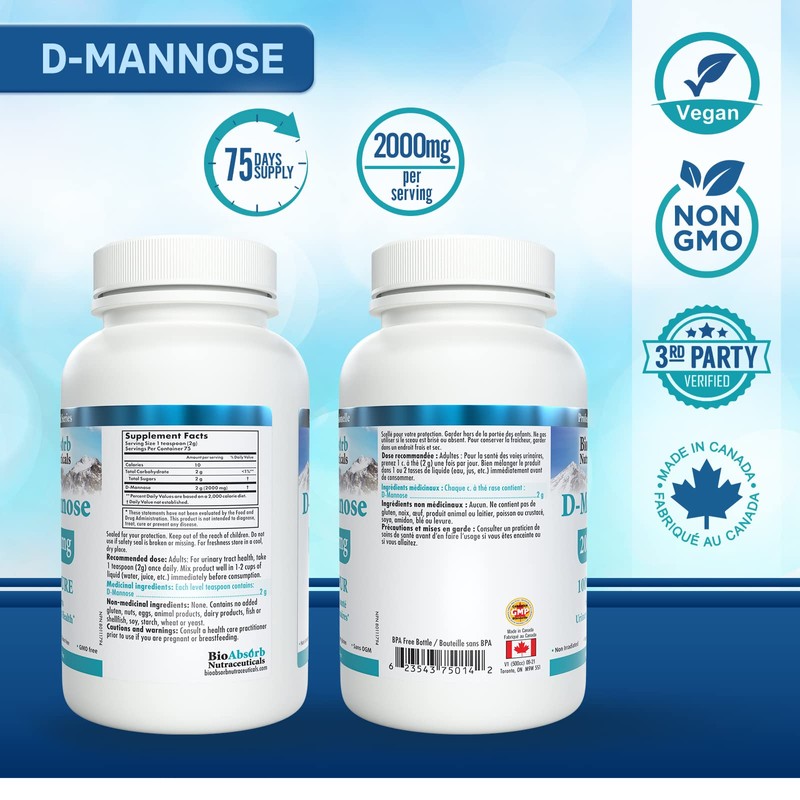 D-Mannose Powder. 2000 mg Per Serving. 75-Day Supply of 100%