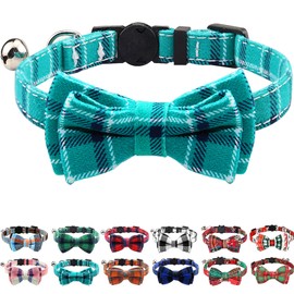 Joytale Upgraded Cat Collar with Bells, Breakaway Cat Collars with Bow Tie, 1 Pack Girl Boy Safety Plaid Kitten Collars, Teal