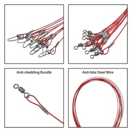 Fishing Wire Leaders, 20pcs Heavy Duty 150LB Stainless Steel Fishing Line Leaders with Swivels and Snaps Nylon-Coated Saltwater Line Wire Leader Snap Connector 19.7inch (Red)