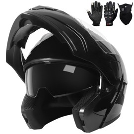 Adult Modular Motorcycle Helmets, DOT Approved Flip up Dual Visor Full Face Helmet for Men Women Moto ATV UTV Snowmobile ADV Four Wheeler Street Bike with Gloves & Mask (Shiny Black, M)