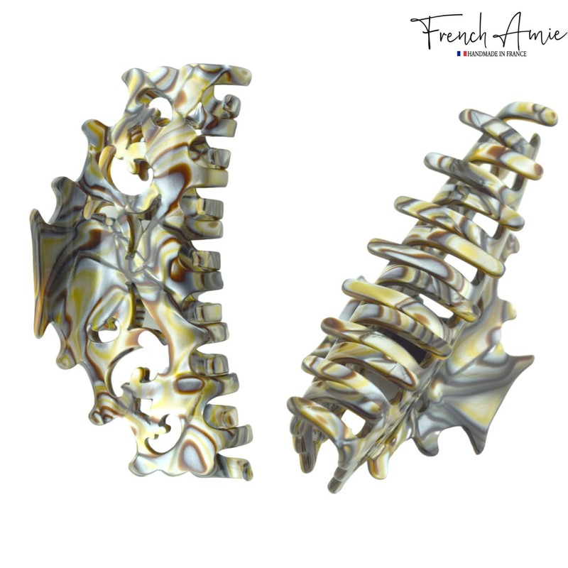 French Amie Beau Medium Handmade Celluloid Silver Grey Onyx Jaw