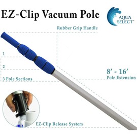 Aqua Select 8-16 Foot Telescoping Pool Vacuum Pole | Heavy Duty Aluminum Pole for Leaf Skimmers, Pool Brushes and Vacuum Heads | Expandable Swimming Pool Pole | Blue