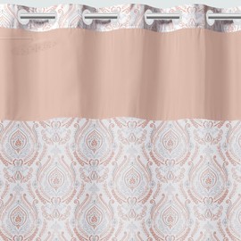 Hookless It's A Snap! French Damask Shower Curtain, 3-in-1 Shower Curtain Includes Fabric Shower Curtain with Sheer Top Window, Flex-On Rings & Fabric Liner, 71" x 74", Coral