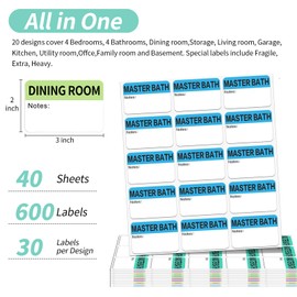 600 PCS 20 Designs 3 x 2" Large Home Moving Packing Box Labels with Writable Notes Areas Pre-Printed Color-Coded Home Moving Packing Box Labels