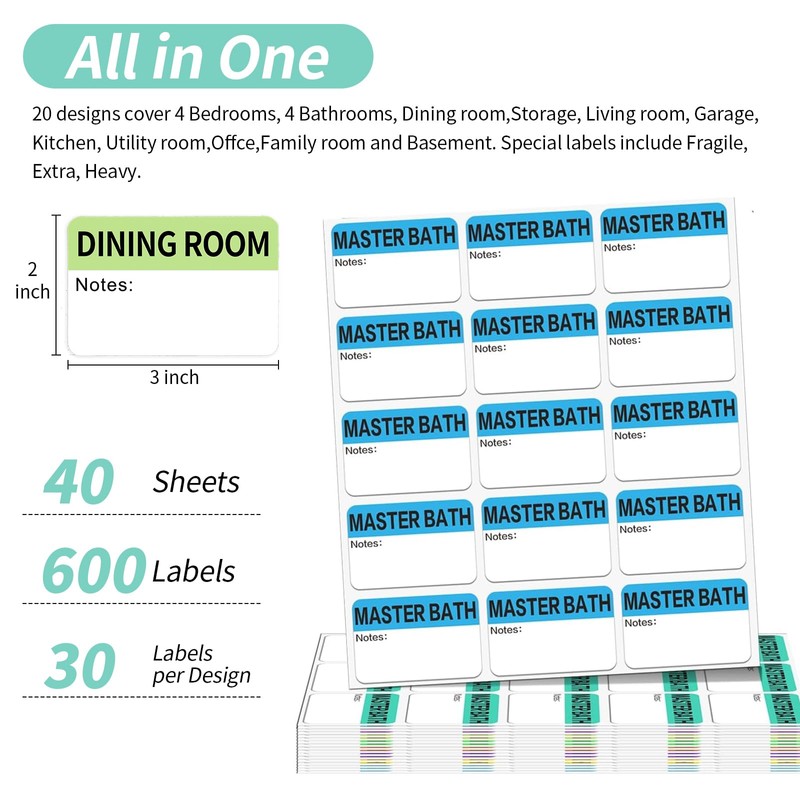 600 PCS 20 Designs 3 x 2" Large Home Moving