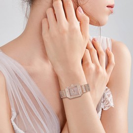 JewelryWe Women's Square Diamond: Luxury Glitter Rhinestone Analogue Quartz Wrist Watch Women Iced Out Watch with Rectangular Dial and Metal Strap, Rose-Gold, Bracelet