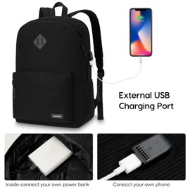 Black Backpack for School Teens Boys and Girls, Lightweight Casual Soft Corduroy Backpack for Men and Women, Large Cute Kids Bookbag, Daily-use Backpack with USB Charging Port Fits 17.3 Inch Notebook