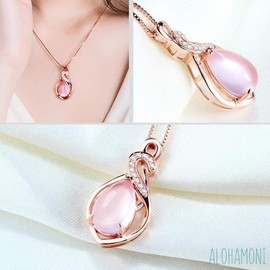 ALOHAMONI Pink Opal Necklace Cubic Zirconia CZ Diamond Pink Gold Chain Silver 925 Pink Opal Length 45 cm