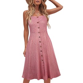 Berydress Women's Casual Beach Summer Dresses 2025 Solid Cotton Flattering A-Line Spaghetti Strap Button Down Midi Sundress (S, 6046-Pink Dot)