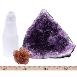 Dancing Bear Amethyst Cluster Cut Base (1/2lb to 1lb), Aragonite Cluster, & Selenite Tower, Healing Crystal (3 Pc Set) Premium Grade A, Bohemian Home Décor, Natural Good Vibes, Metaphysical Info Cards