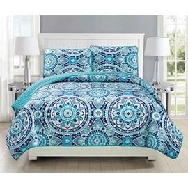 Mk Collection Bedspread Coverlet Quilted Floral Turquoise Teal Blue Grey Over Size New #185 (Twin/Twin Extra Long)