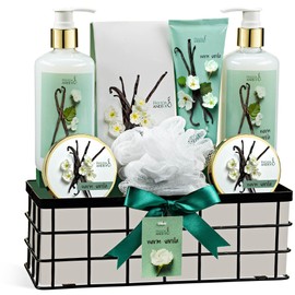 Warm Vanilla Bath and Body Gift Basket for Women & Men 8-Piece Spa Luxurious Bath Set Shea Butter, Vitamin E Fragrant Ultra Soft Lotion Hand Cream Scrubs & More Reusable Basket Perfect Holiday Gift