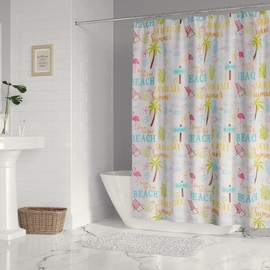 Levtex Home - Beach Days - Shower Curtain (72x72in.) with 12 Grommet wholes - Coastal Beach - Teal, Blue, Yellow, Brown and Pink.