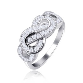 Uloveido Fancy Baguette Cut Infinity Swirl Promise Engagement Ring for Women Girls Platinum Plated Anniversary Wedding Ring in Silver Color (Size Q) JZ095