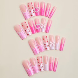 LPOODDNU 24 Pcs Press on Nails Long Square Fake Nails French False Nail Tips Long Glossy Pink Acrylic Nails Full Cover 3D Bow Heart Design Glue on Nails for Women and Girls Valentine’s Day Manicure