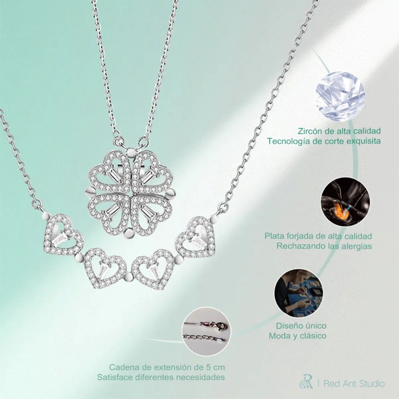 Collar Convertible Plata 925 Corazón Y Trébol De 4 Hojas
