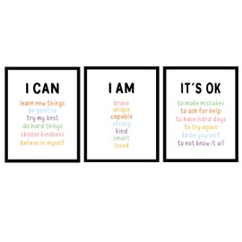 Positive Affirmations Print Set of 3 – I Can, I Am, It’s OK Prints – Kids Motivational Wall Art for Classroom, Therapy, Homeschool, Unframed 8x10 SEL Decor (8x10 Inch)