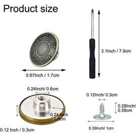 No-Sew Jeans Button Replacement Kit, 10 Sets Metal Snap Tack Buttons with Tools,2025 New Model, Bronze 3#