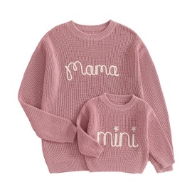 Mommy and Me Sweater Matching Family Outfit Long Sleeve Knit Sweater Pullover Mom and Baby Clothes (Baby, 12-18 Months, Pink)
