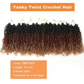 Yanky Twist Crochet Braids Hair Ombre Brown 100% Handmade Synthetic Short Re-twisted Curls Bohemian Spring Twists Crochet Braids for Black Women Pro-looped Hair Extensions(10” 8 packs 3T3027)