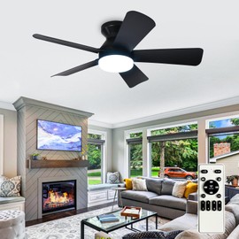 Depuley Modern Ceiling Fan with Light: 35-Inch Black Small Fans for Bedroom Indoor Outdoor - Dimmable Low Profile Ceiling Fans with Remote Control Flush Mount 5 Reversible Black Blades 6 Speeds Timer