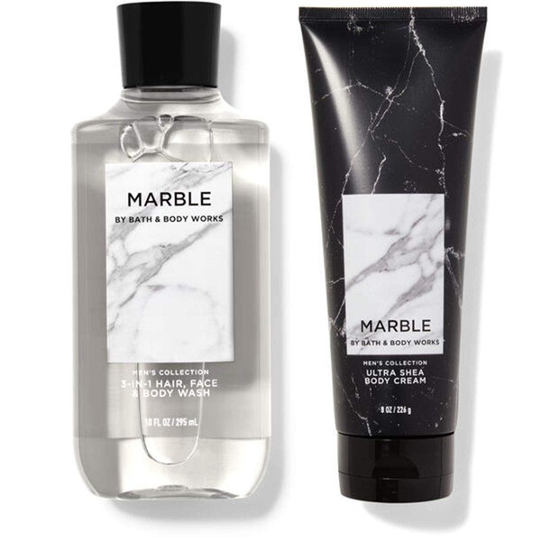 Bath and Body Works Men's Collection New Fall Scent - MARBLE - Full Size Body Care - 2 Piece Set - 10 fl oz 3-in-1 Hair, Face, & Body Wash and 8 oz Ultra Shea Body Cream