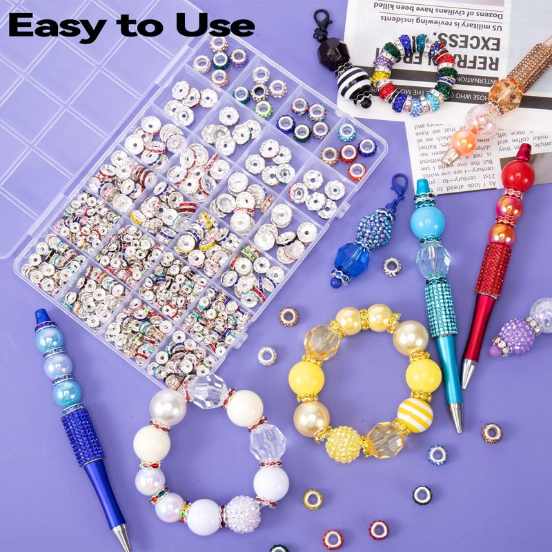 290PCS 6 Styles Rondelle Spacer Beads for Jewelry Making,6mm,8mm,10mm,11mm,12mm Rhinestone