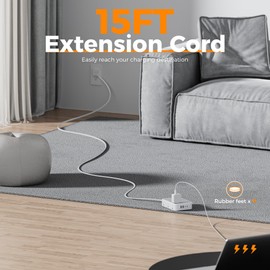 TESSAN 15 ft Extension Cord Surge Protector Power Strip, 12 Outlet Extender with 4 USB (2 USB C), 1800 Joules Protection, Flat Plug, Flat Extension Cord with Multiple Outlets, for Home, Office, Dorm