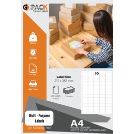 5 Sheets - 65 Labels Stickers Per Sheet, A4 White Sticky Label, Address Label 21.1 x 38.1 mm, Printable Sticker Paper Compatible with Inkjet & Laser Printers, Quick Dry