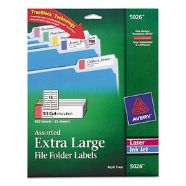 Avery 5026 X-Large File Folder Labels, 1/3 Cut, 15/16 x 3-7/16, Assorted, 450/PK