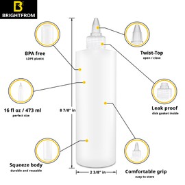 BRIGHTFROM Botellas exprimibles para condimentos, botella vacía de 16 onzas, tapa superior giratoria transparente, a prueba de fugas, ideal para ketchup, mostaza, jarabe, salsas, aderezo, aceite, artes y manualidades, plástico libre de BPA, paquete de 2