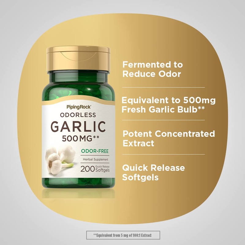 Piping Rock Odorless Garlic Supplement | 200 Softgels | Concentrated