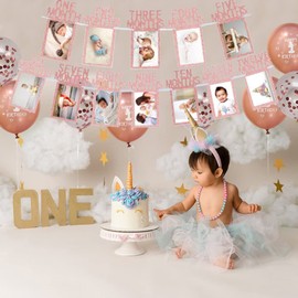 Girls Happy 1st Birthday Banners Rose Gold Happy 1st Birthday Decorations Girls 1 Month to 12 Months Photo Garland 1st Birthday Party Decorations Including 12 Pack 12” Latex Printed Balloons
