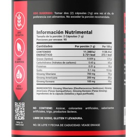 Ginseng Complex de 180 Cápsulas de 1000 mg por porción. Ingredientes naturales: 3 tipos de Ginseng. Ginseng Complex B Life.