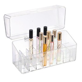 ELLDOO Rollerball Perfume Organizer, 24 Spaces Clear Acrylic Perfume Storage Holder Beauty Scent Holder, Makeup Lipgloss Lipstick Display Case with Lid
