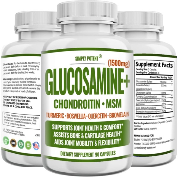 Glucosamine Chondroitin MSM with Turmeric & Boswellia | Supports Joint, Bone & Cartilage Health | Discomfort Relief Aid & Muscle Relaxer Supplement for Back, Knees, Hands, 90 Capsules