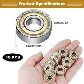 Ball Bearings, Pack of 40, 608 Carbon Steel Skateboard Ball Bearings, Metal, Double Shielded Deep Groove Ball Bearings, Ball Bearings, 22 x 8 x 7 mm, 608ZZ Ball Bearing for Skateboards, Scooters,