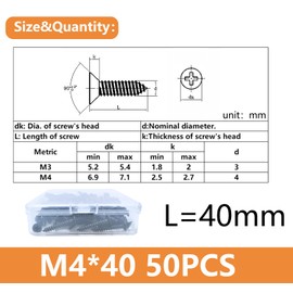 Black Self Tapping Screws for Wood,50pcs M4 x 40mm 304 Stainless Steel Flat Head 10mm screws for Furniture and Drywall (M4 x 40mm 50PCS)