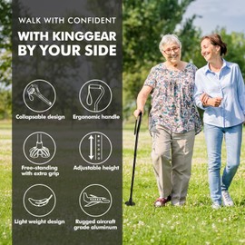 KINGGEAR F1 Walking Stick, Walking Cane for Women & Men, Self Standing Walkers for Seniors with Wrist Strap, Lightweight & Sturdy Offset EVA Handle and Large Quad Base