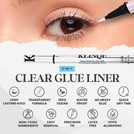 KLINQE Clear Lash Glue Liner Pen, 2 in 1 Eyeliner Eyelash Adhesive for False Lashes, Strong Hold, Latex-Free, Quick Dry, Invisible Bond, Waterproof, Long-Lasting Glue for Strip Lashes
