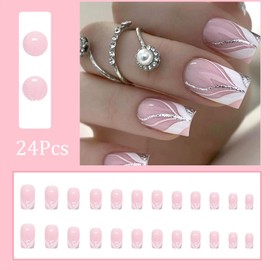 24Pcs Sparkly Silver Glitter Line Press on Nails Medium Square Glossy White Line False Nails with Silver Glitter Line Designs Full Cover Nail Tips Glue on Nails Artificial Acrylic Nails for Women