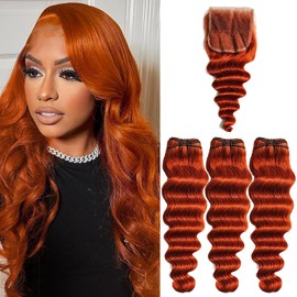 Ginger Bundles with Closure Human Hair Loose Deep Wave(20 22 24+20) 10A #350 Colored Free Part 4x4 Lace Closure and 3Bundles for Sew-in Ginger Wig