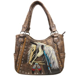 Zelris Dakota Dales Pony Horse Embroidery Mane Western Country Women Conceal Carry Tote Purse with Matching Wallet Set (Brown)